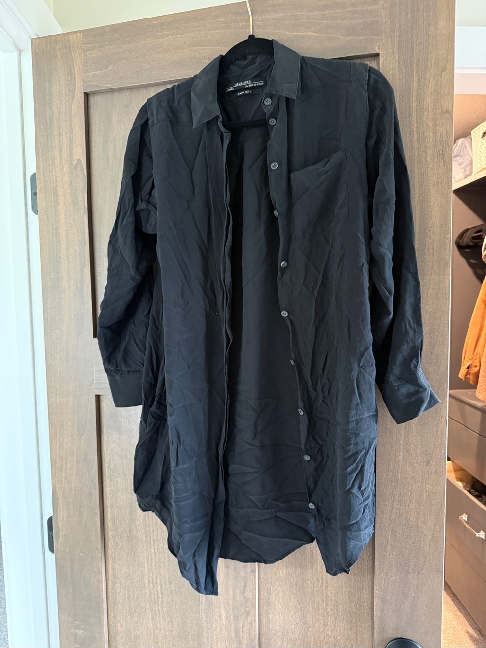 Allsaints Black Longline Button-Up Shirt or dress 100% silk